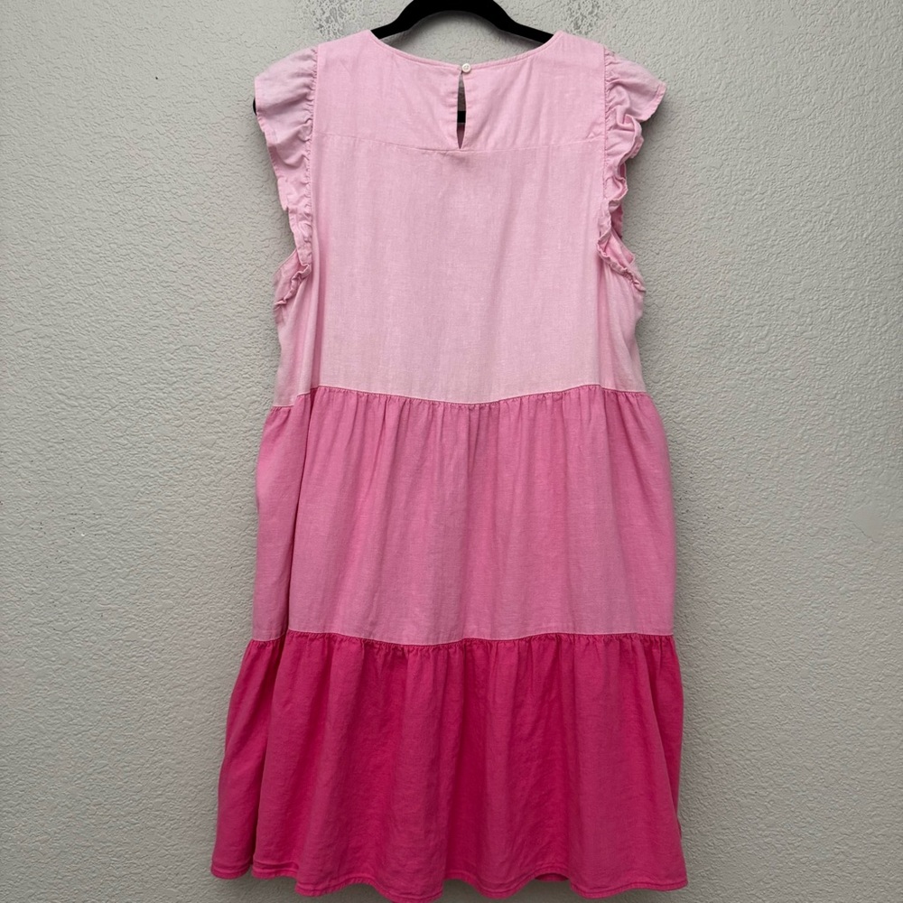 J. Crew Factory Pink Linen Blend Colorblock Ombre Ruffle Sleeve Dress Size 14 - Picture 8 of 15